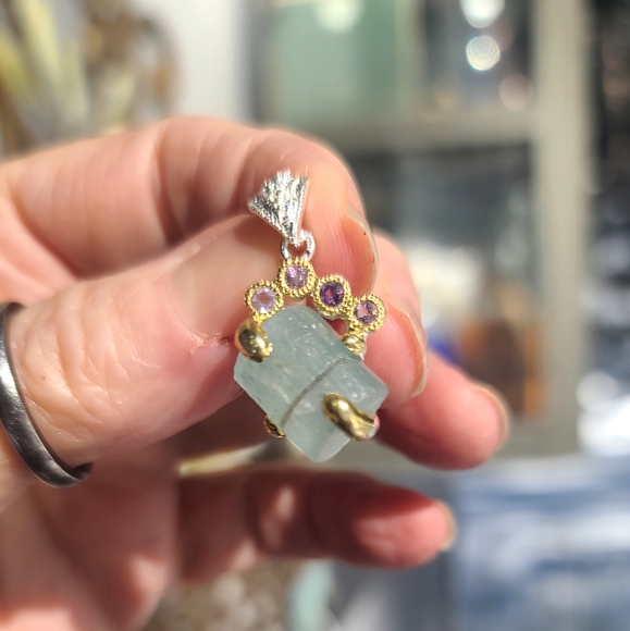 HUGE natural 15.1k Aquamarine pillar Amethyst & sterling pendant - Picture 7 of 7